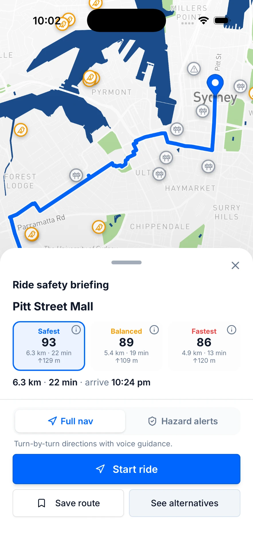 RideAware ride safety briefing showing Safest 93, Balanced 89 and Fastest 86 route scores for a ride to Pitt Street Mall in Sydney